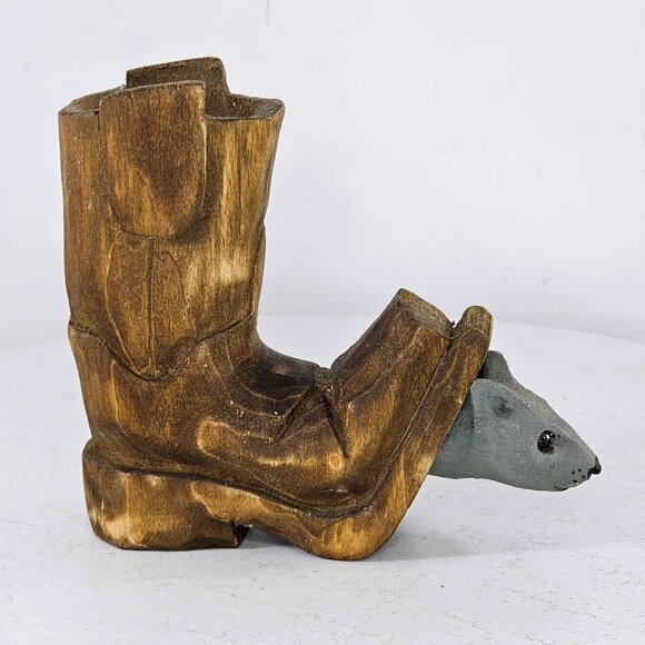 Wooden Boot With Mouse Figurine By Bill Payne Folk Art Hand Carved Painted - Picture 2 of 8